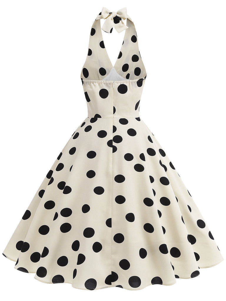 Robe évasée beige à pois et tour de cou années 1950 - 2