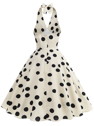 Robe évasée beige à pois et tour de cou années 1950 - 2