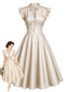[Prévente] Robe évasée beige satin col V et manches volantées années 1950