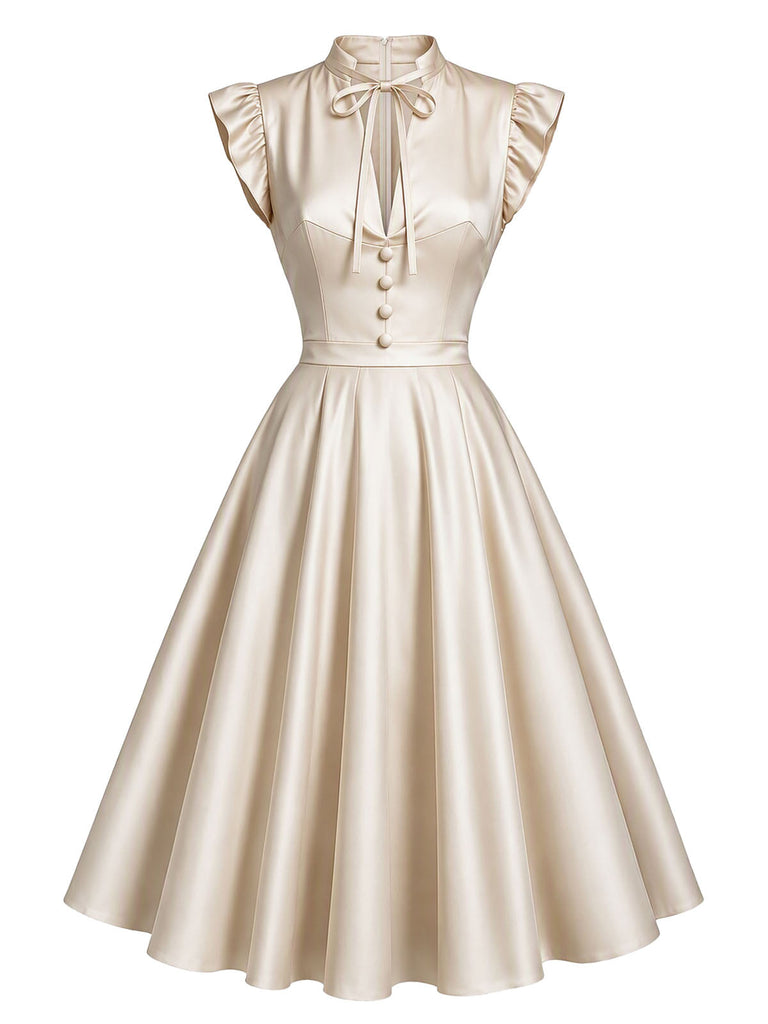 [Prévente] Robe évasée beige en satin à col V et manches flottantes années 1950 - 2