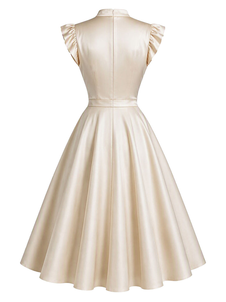 [Prévente] Robe évasée beige en satin à col V et manches flottantes années 1950 - 3