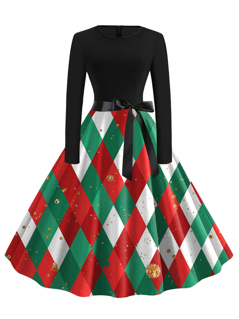 Robe évasée de Noël verte à losanges, nœud et ceinture années 1950 - 2