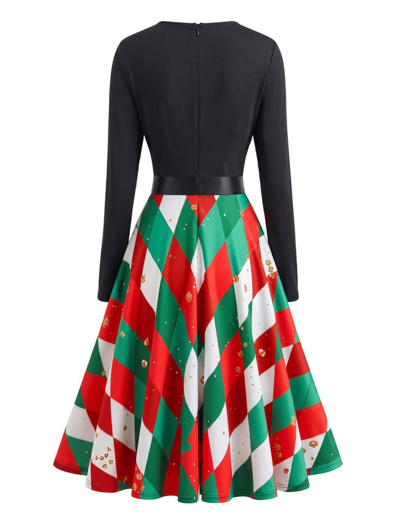 Robe évasée de Noël verte à losanges, nœud et ceinture années 1950 - 3