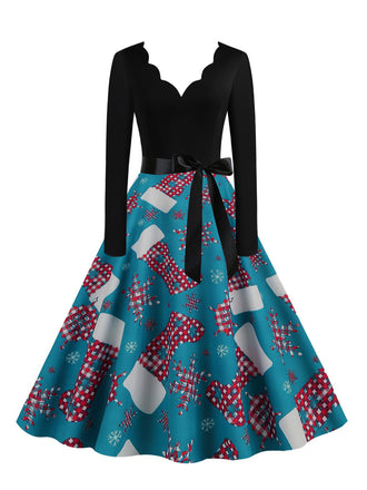 Robe évasée imprimé chaussettes de Noël à encolure festonnée années 1950 - 2