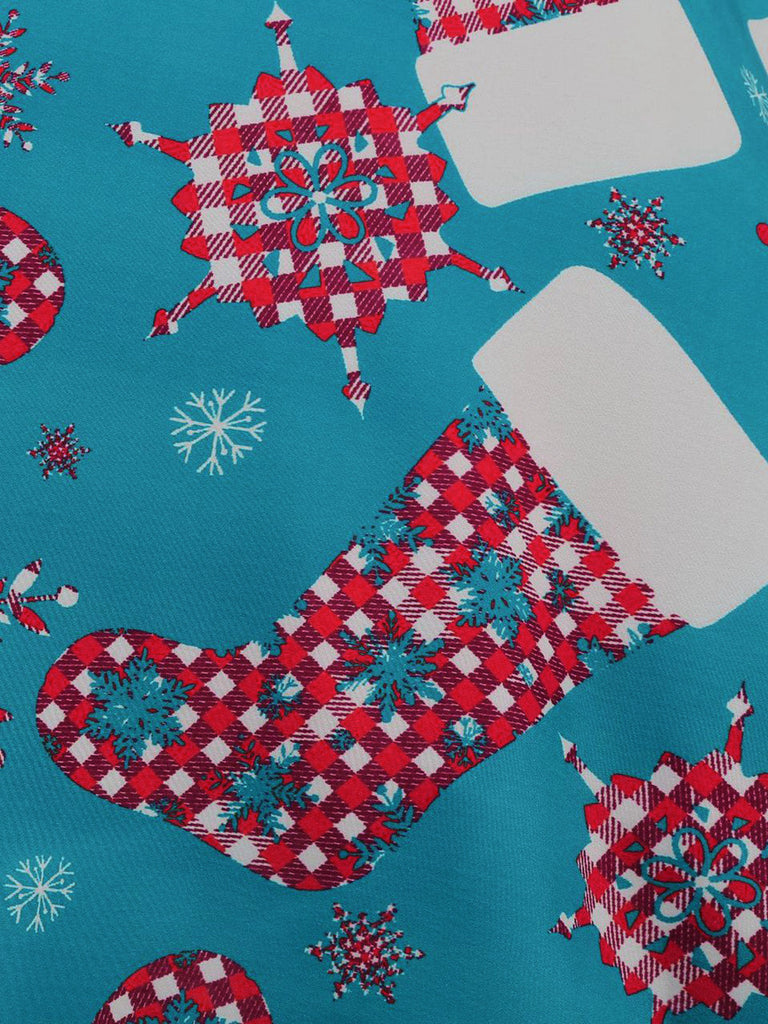 Robe évasée imprimé chaussettes de Noël à encolure festonnée années 1950 - 5