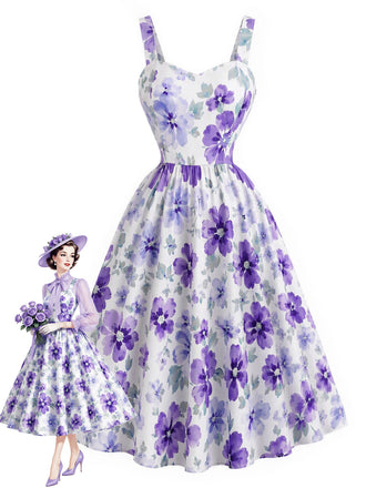 [Prévente] Robe Évasée Lavande à Bretelles et Petites Fleurs Années 1950 - 1
