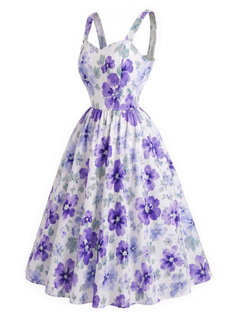 [Prévente] Robe Évasée Lavande à Bretelles et Petites Fleurs Années 1950 - 4