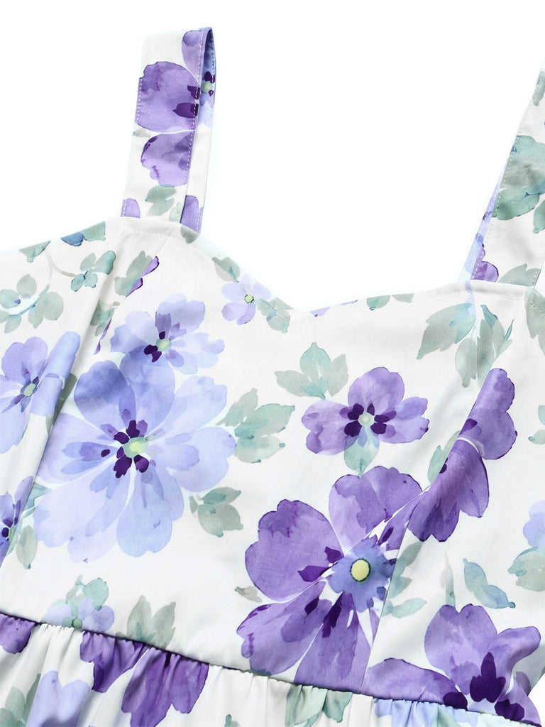 [Prévente] Robe Évasée Lavande à Bretelles et Petites Fleurs Années 1950 - 7