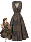[Prévente] Robe Évasée Marron Sans Manches à Carreaux avec Ceinture Années 1940
