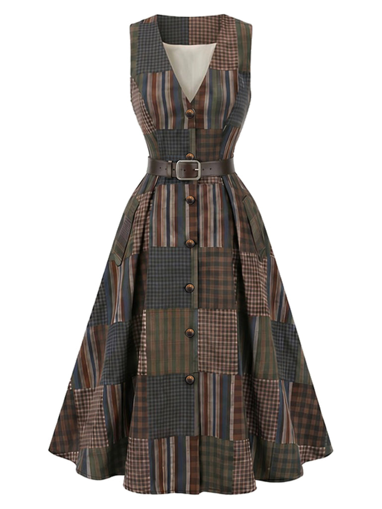 [Prévente] Robe Évasée Marron Sans Manches à Carreaux et Empiècements avec Ceinture Années 1940 - 2