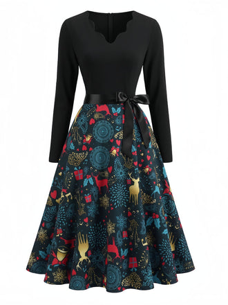 Robe Évasée Multicolore à Imprimé de Noël et Encolure Festonnée Années 1950 - 2