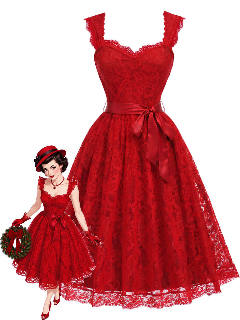 [Prévente] Robe évasée rouge à fleurs, dentelle, décolleté cœur et nœud années 1950 - 1