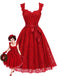 [Prévente] Robe évasée rouge à fleurs, dentelle, décolleté cœur et nœud années 1950 - 1