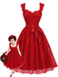 [Prévente] Robe évasée rouge dentelle fleurie décolleté forme cœur et nœud années 1950