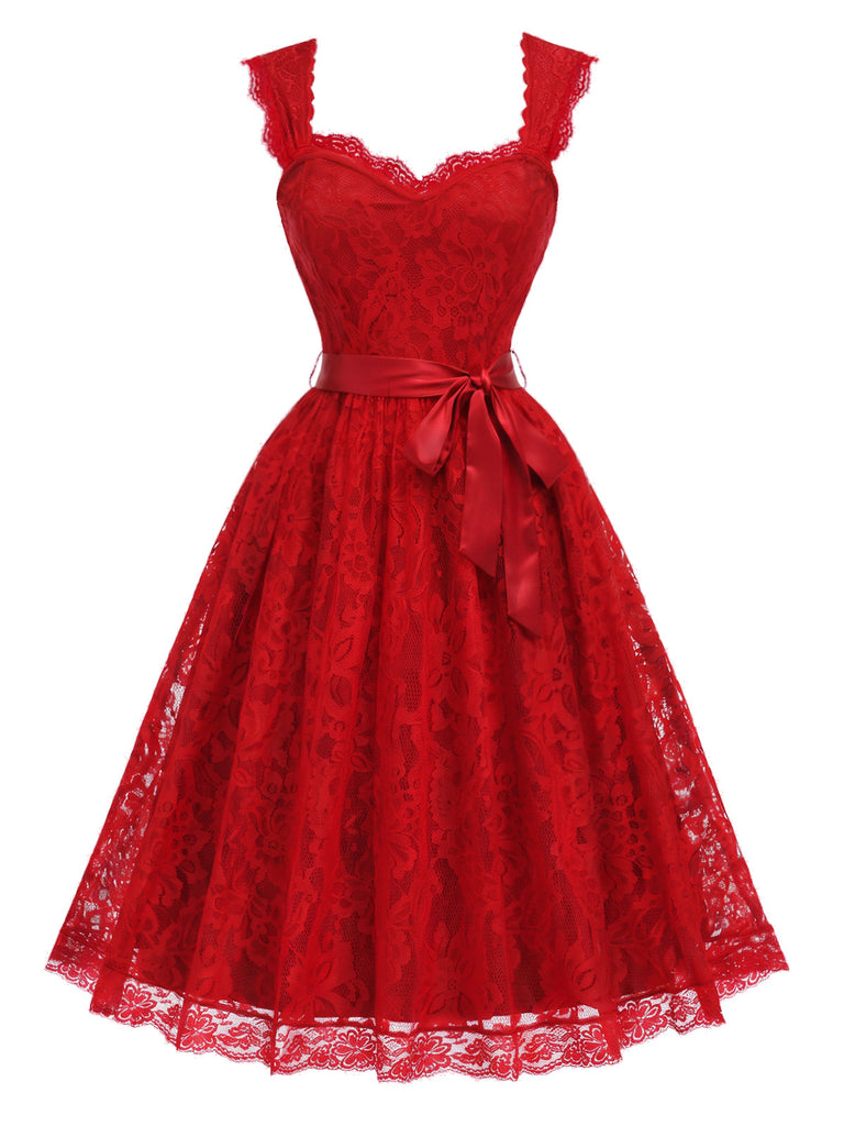 [Prévente] Robe évasée rouge à fleurs, dentelle, décolleté cœur et nœud années 1950 - 2
