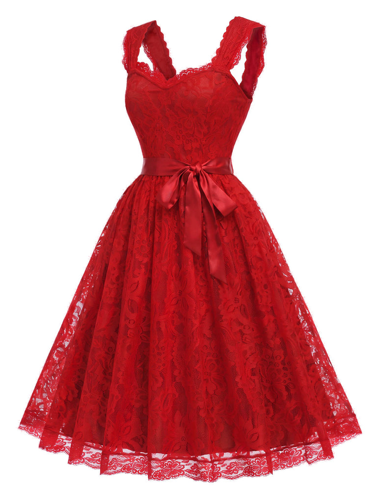 [Prévente] Robe évasée rouge à fleurs, dentelle, décolleté cœur et nœud années 1950 - 3