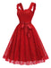 [Prévente] Robe évasée rouge à fleurs, dentelle, décolleté cœur et nœud années 1950 - 3