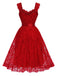 [Prévente] Robe évasée rouge à fleurs, dentelle, décolleté cœur et nœud années 1950 - 4
