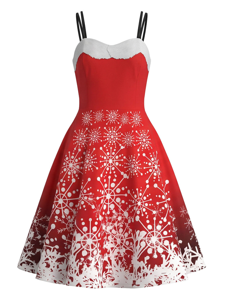 Robe évasée rouge à imprimé rennes et flocons de Noël Années 1950 - 1