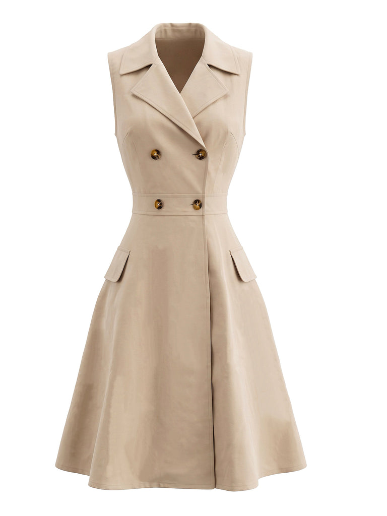 Robe Évasée Sans Manches à Revers et Double Boutonnage Années 1950 - 1