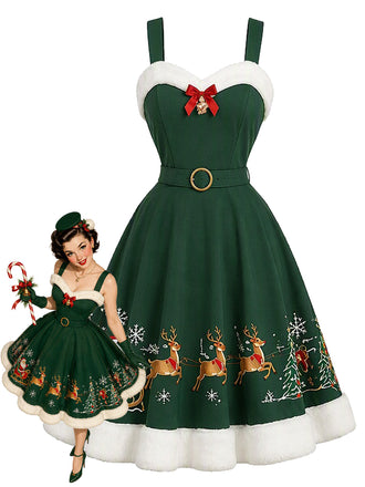 [Prévente] Robe évasée verte imprimé traîneau du Père Noël à bordure duveteuse années 1950 - 1