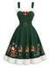 [Prévente] Robe évasée verte imprimé traîneau du Père Noël à bordure duveteuse années 1950 - 2