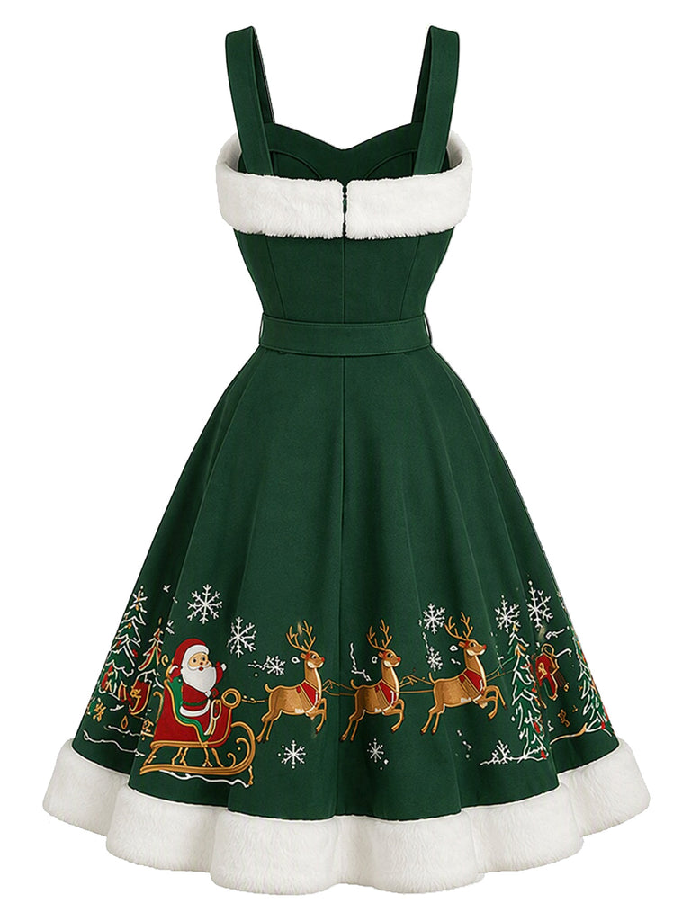 [Prévente] Robe évasée verte imprimé traîneau du Père Noël à bordure duveteuse années 1950 - 3