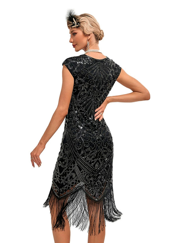 Robe Gatsby à Paillettes, Franges et Manches Courtes Années 1920 - 5