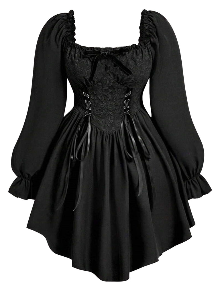 [Grande Taille] Robe Gothique Noire à Corset Lacé et Manches Longues Années 1970 - 1