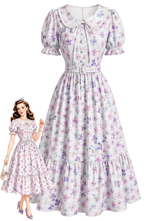[Prévente] Robe gris violet à fleurs, col Claudine et manches bouffantes années 1940 - 1