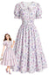 [Prévente] Robe fleurie gris-violet Claudine et manches bouffantes années 1940