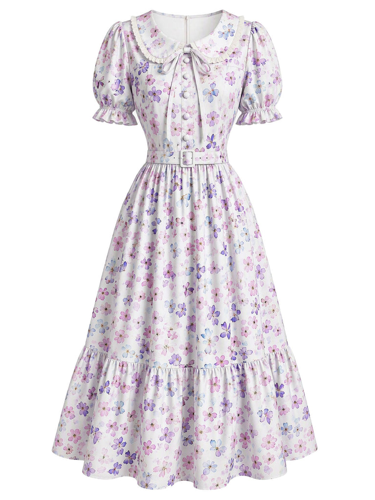 [Prévente] Robe gris violet à fleurs, col Claudine et manches bouffantes années 1940 - 2
