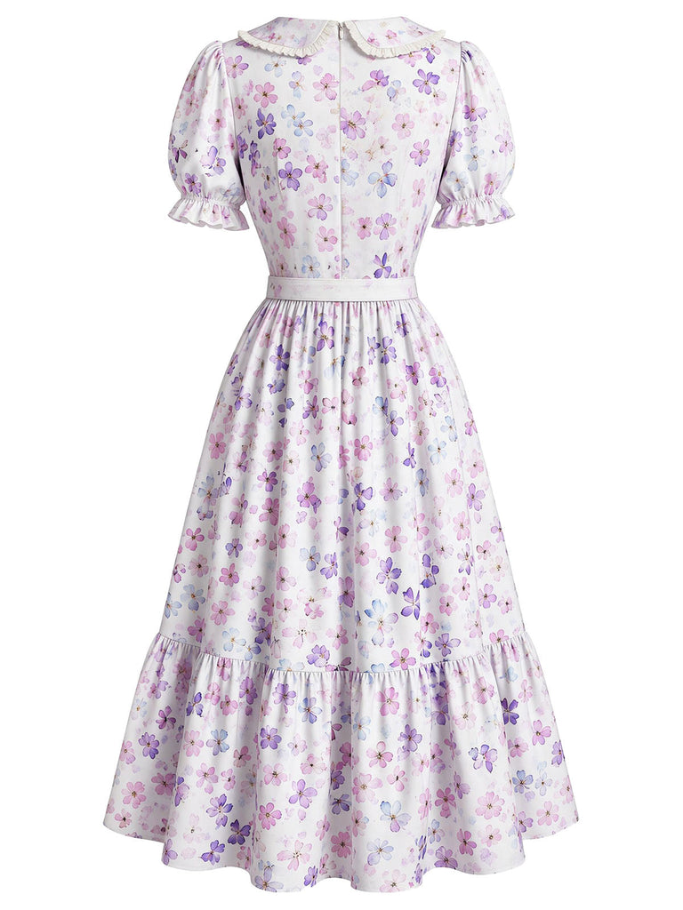 [Prévente] Robe gris violet à fleurs, col Claudine et manches bouffantes années 1940 - 3