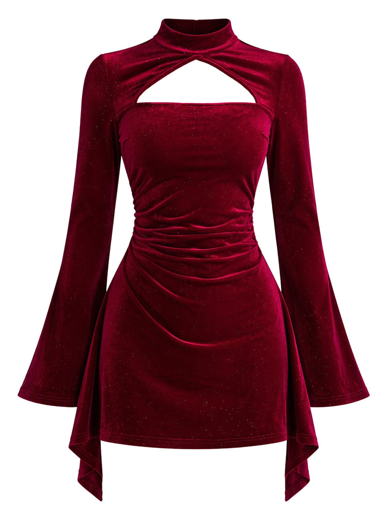Robe lie-de-vin en velours à col ajouré, fronces et tour de cou années 1960 - 2