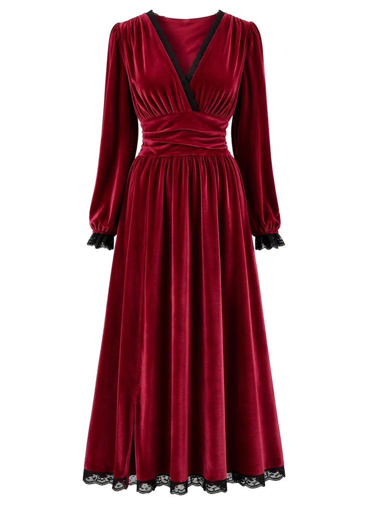 Robe lie-de-vin en velours à empiècements en dentelle et fente latérale années 1930 - 2