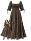 [Grande Taille] Robe longue marron motif léopard encolure carrée et détails smockés années 1970