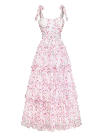 Robe longue rose à fleurs, volants étagés, bretelles nouées et dos nu années 1970 - 1