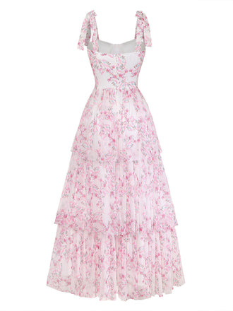 Robe longue rose à fleurs, volants étagés, bretelles nouées et dos nu années 1970 - 2