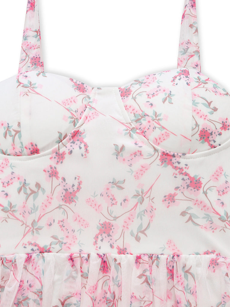 Robe longue rose à fleurs, volants étagés, bretelles nouées et dos nu années 1970 - 3