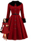 [Prévente] Robe manteau rouge ceinturée à boutons floraux et col duveteux années 1950