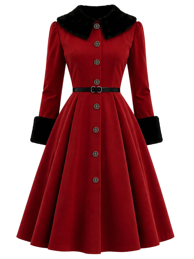 [Prévente] Robe manteau rouge ceinturée à boutons floraux et col duveteux années 1950 - 3