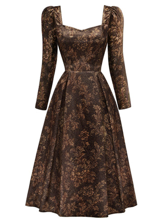 [Prévente] Robe Marron à Fleurs en Satin avec Laçage Style Royalcore Années 1970 - 2