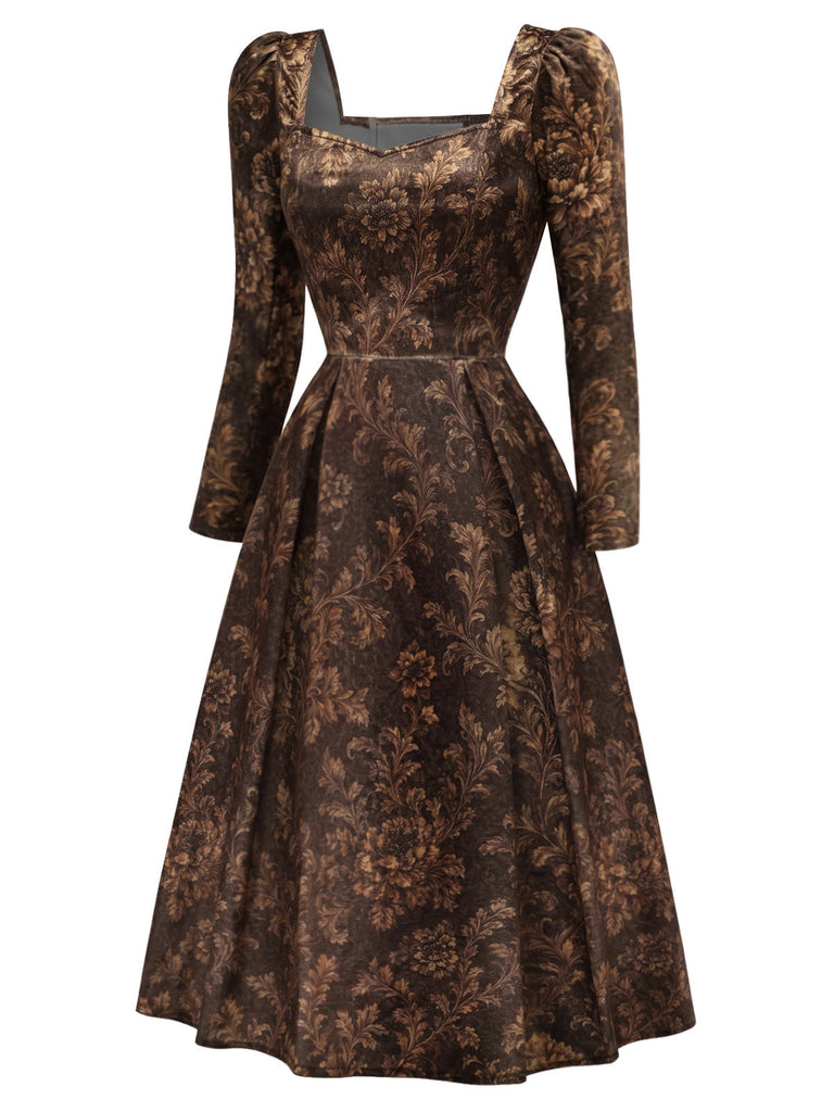 [Prévente] Robe Marron à Fleurs en Satin avec Laçage Style Royalcore Années 1970 - 3