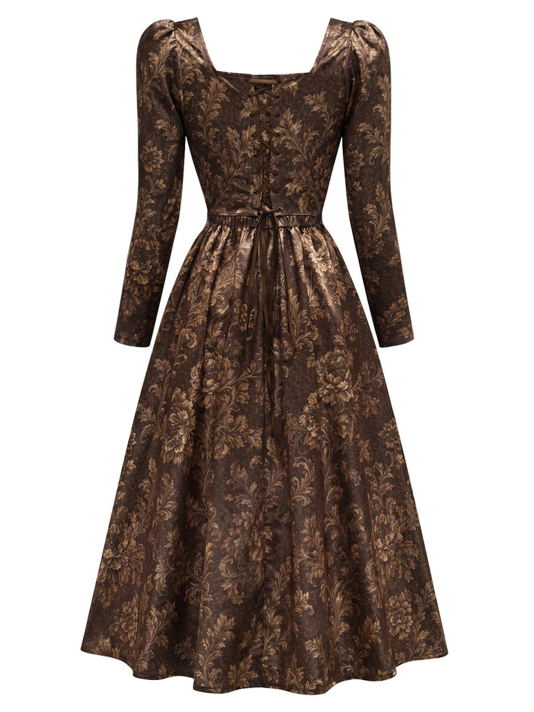 [Prévente] Robe Marron à Fleurs en Satin avec Laçage Style Royalcore Années 1970 - 4