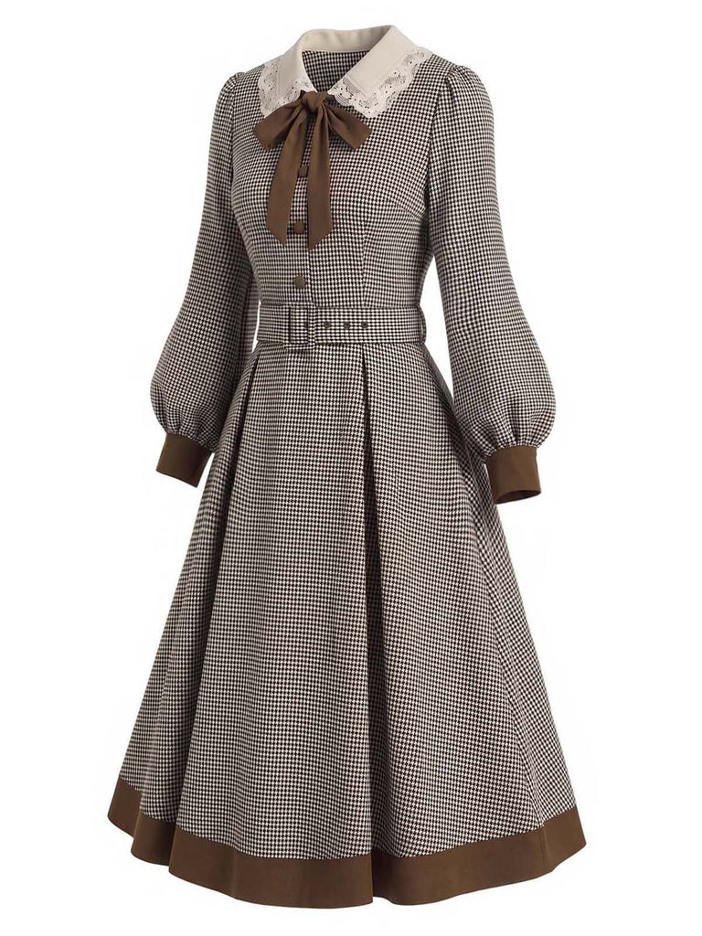 [Prévente] Robe Marron Clair Pied-de-Poule à Col Lavallière et Ceinture Années 1950 - 4