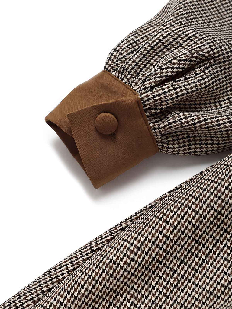 [Prévente] Robe Marron Clair Pied-de-Poule à Col Lavallière et Ceinture Années 1950 - 6