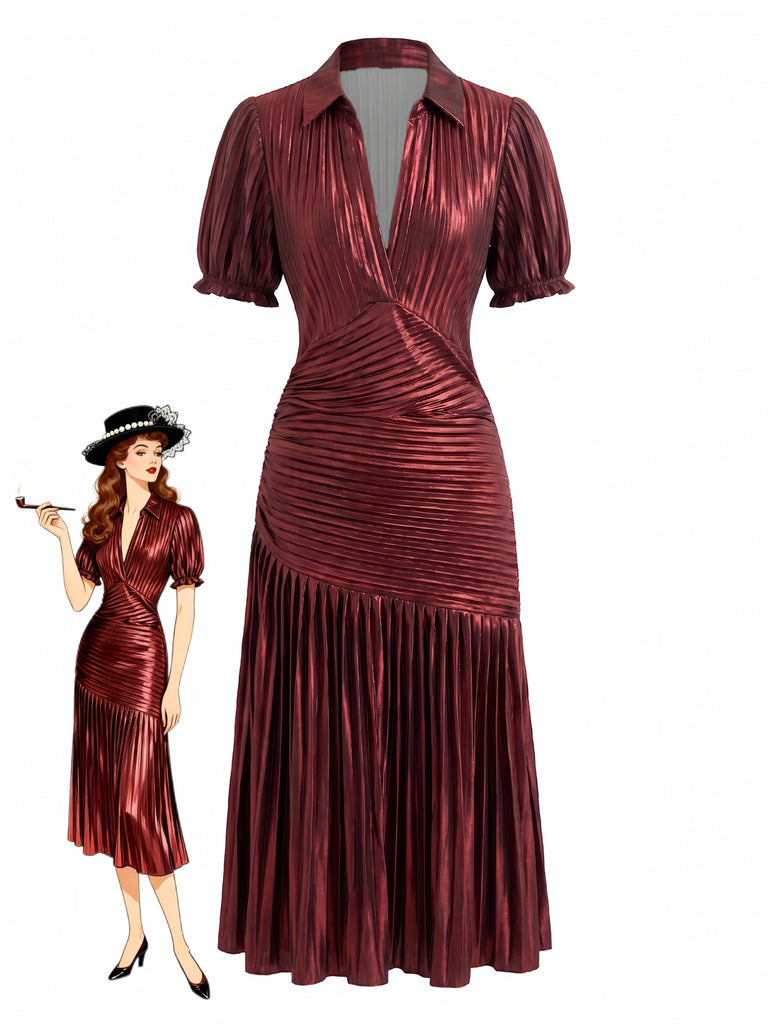 Robe Métallisée Plissée à Col V Profond et Manches Courtes Années 1970 - 1