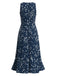 Robe midi bleu marine bohème à fleurs et col dos-nu Années 1970 - 2