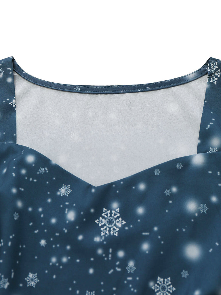 Robe midi de Noël bleu foncé à imprimé Père Noël Années 1950 - 3
