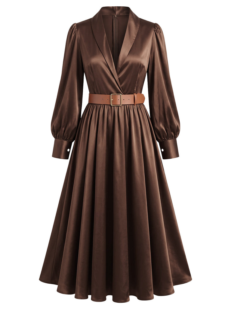 Robe midi en satin à col revers, manches bouffantes et ceinture Années 1940 - 1